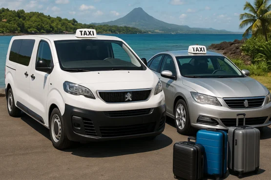 flotte de véhicules taxi trois-rivières avec bagages devant un paysage côtier